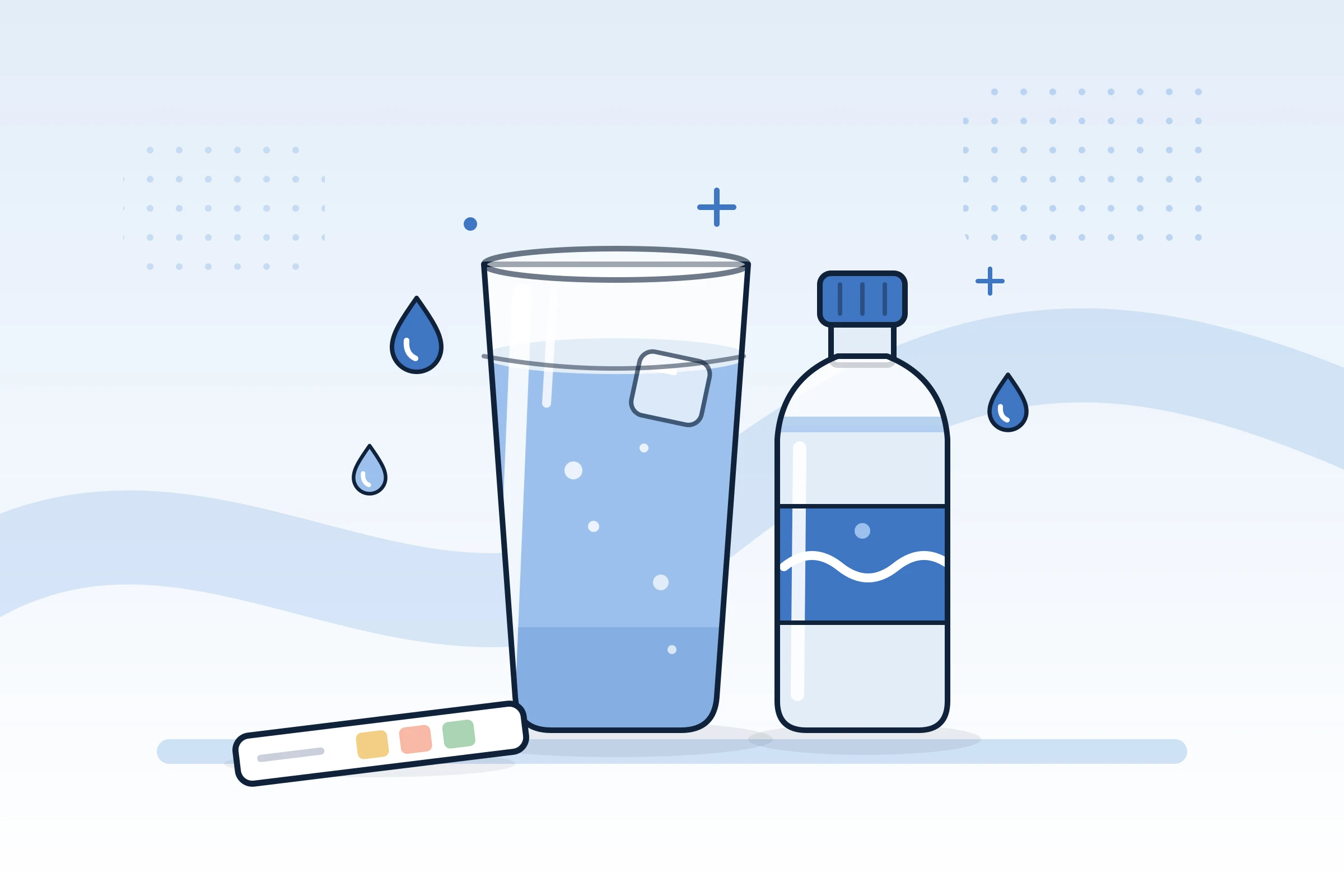 Illustration : grand verre d’eau, bouteille et bandelette de test sur fond bleu clair