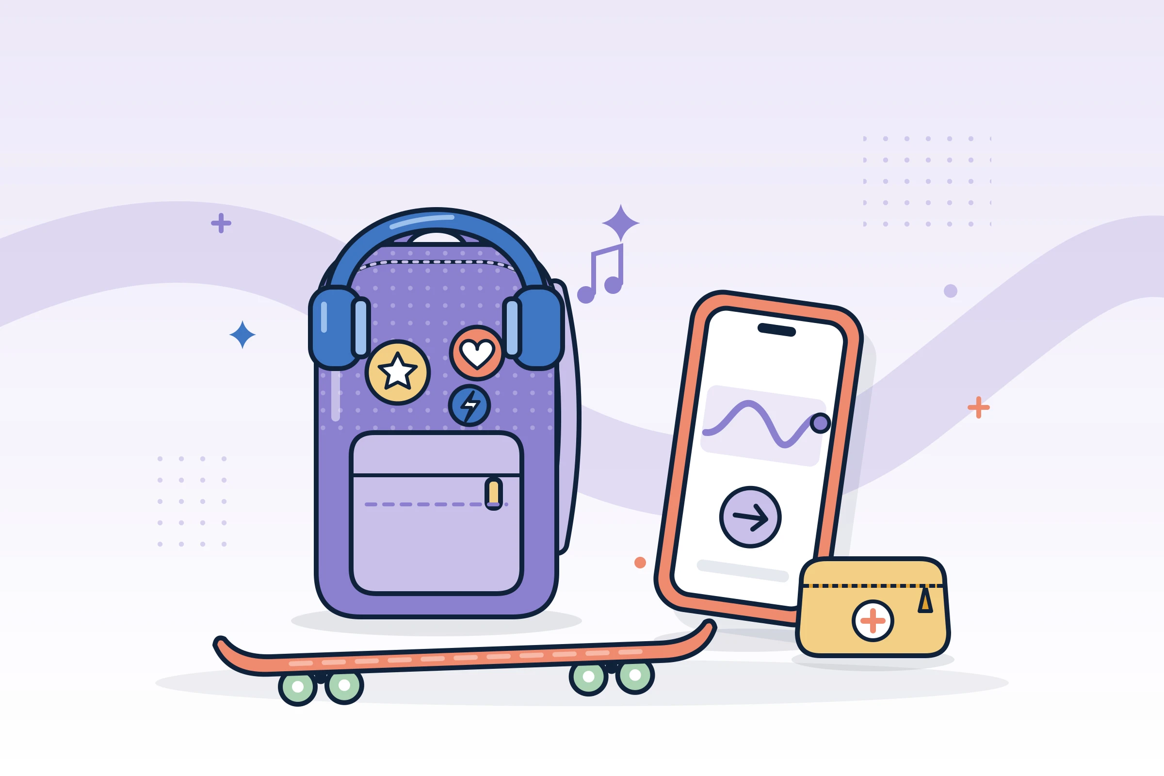 Illustration : sac à dos avec casque audio, skateboard, smartphone et trousse de diabète