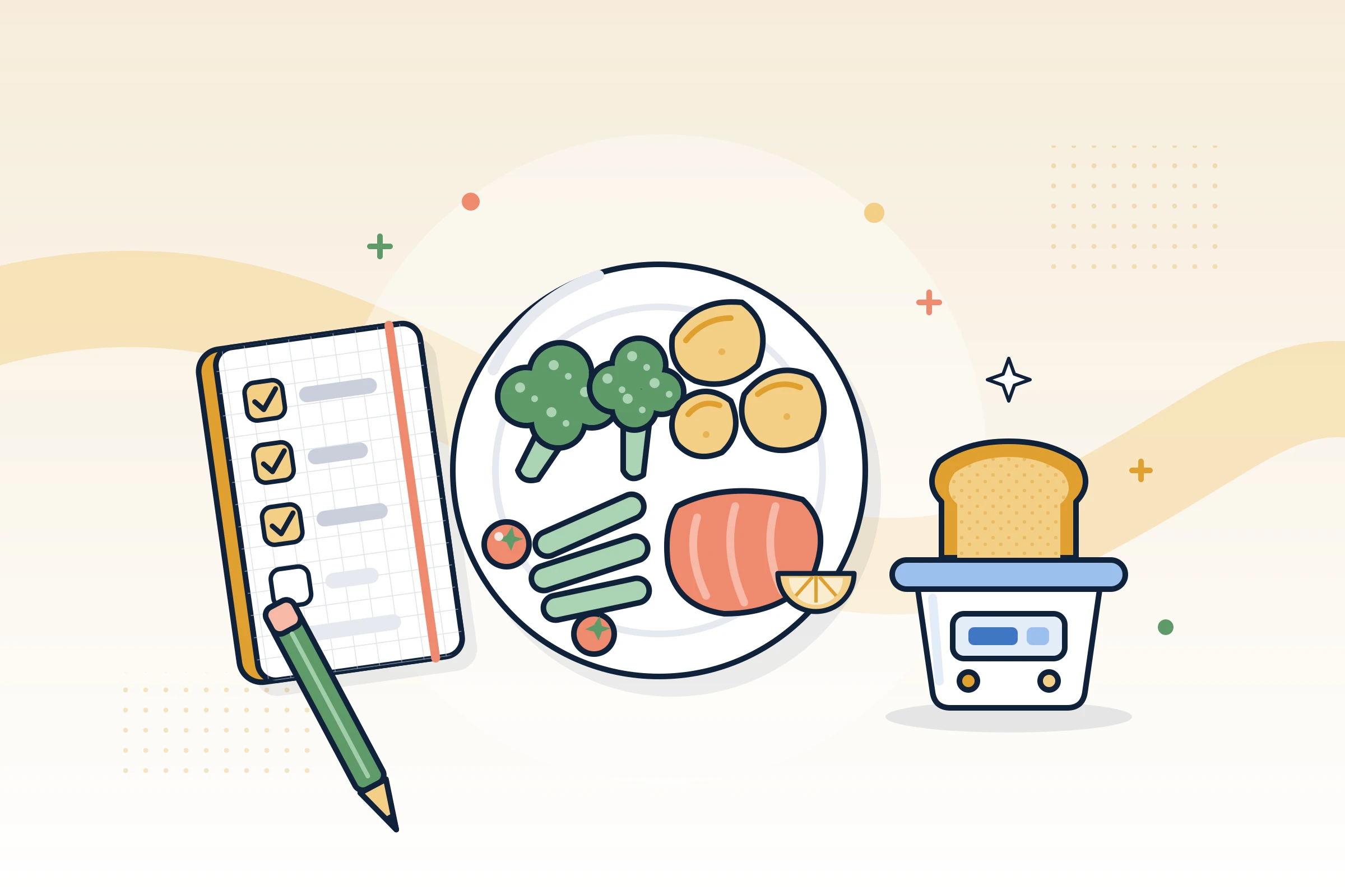 Illustration : assiette équilibrée vue de dessus, carnet coché et balance de cuisine