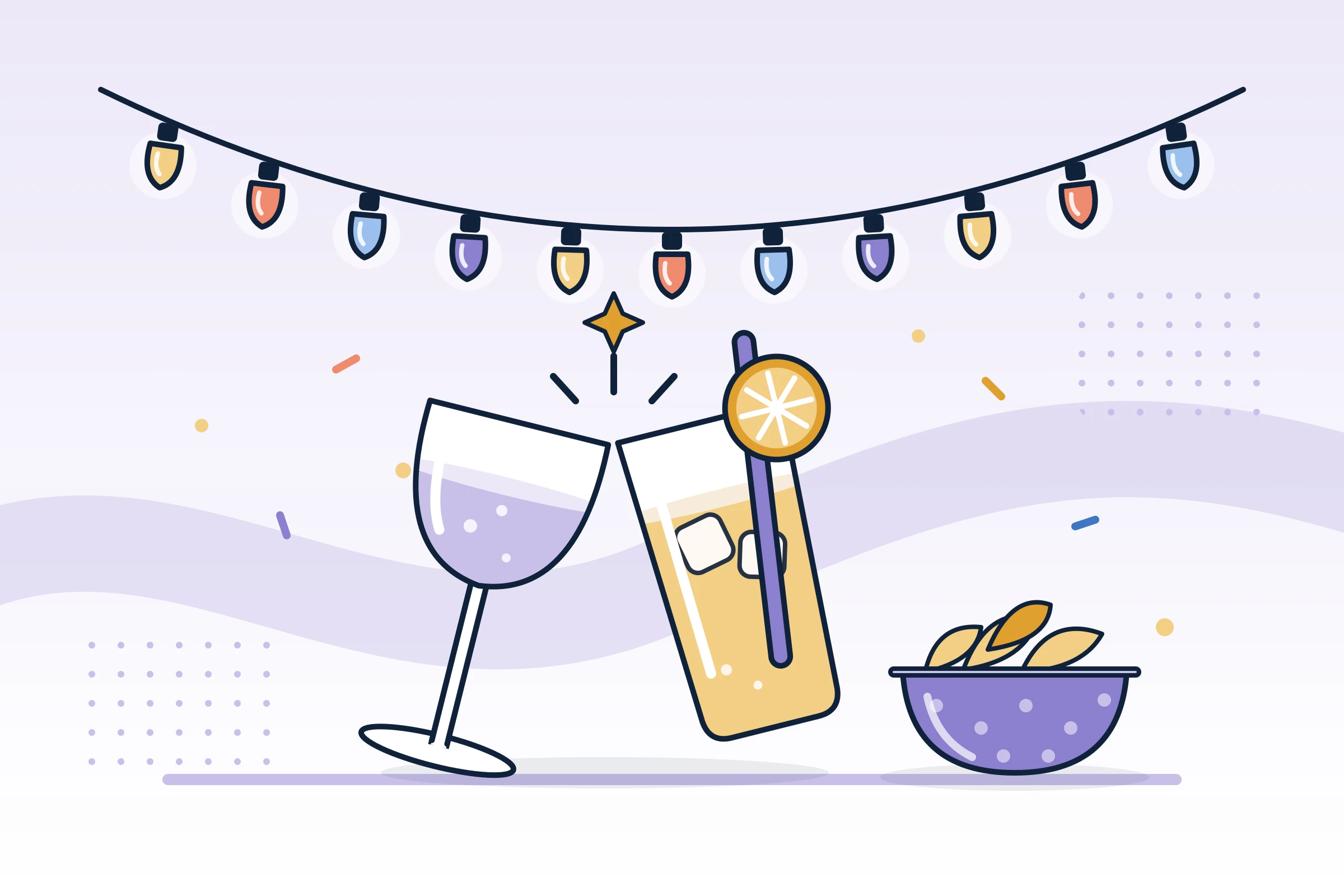 Illustration : deux verres qui trinquent sous une guirlande lumineuse, bol de chips