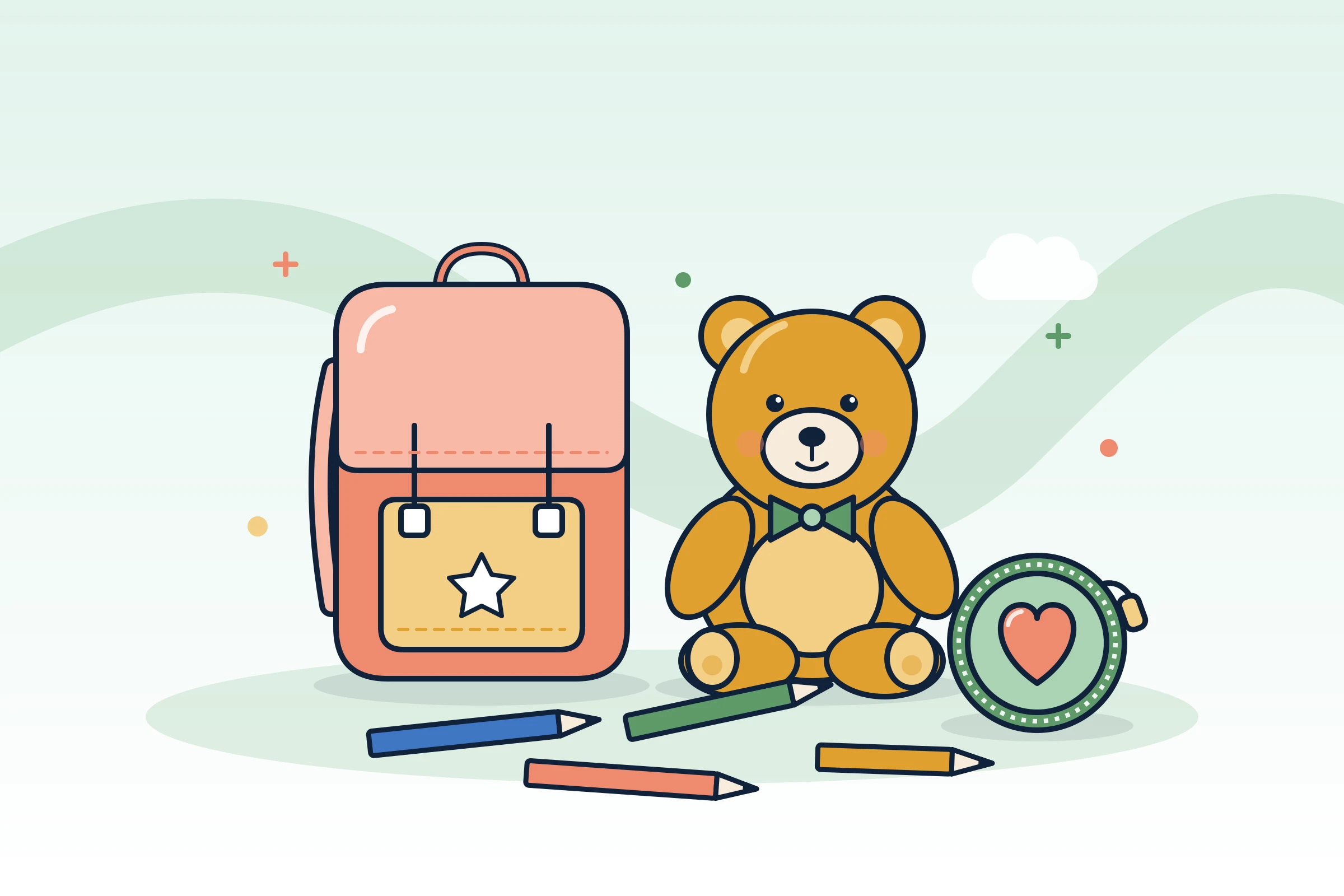 Illustration : cartable, ours en peluche, crayons et trousse de diabète