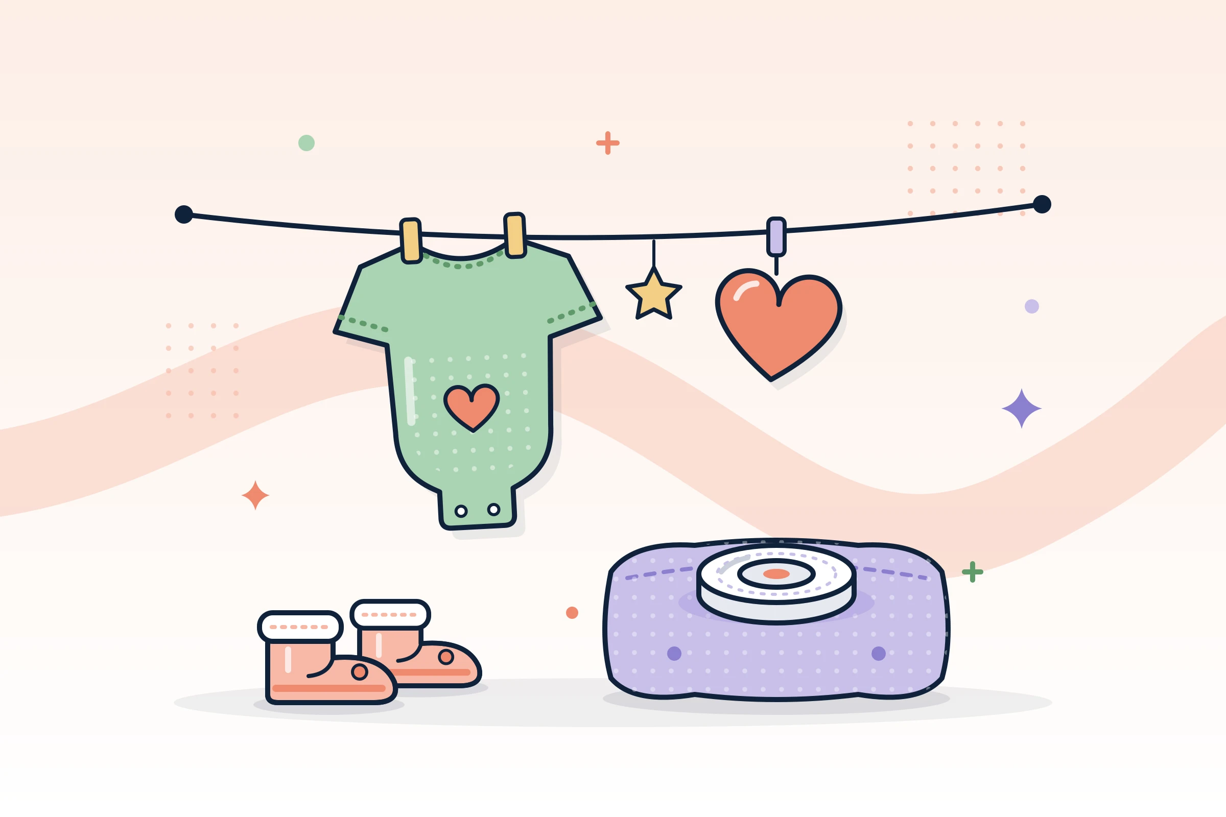 Illustration : body de bébé sur un fil, chaussons et capteur de glycémie posé sur un coussin