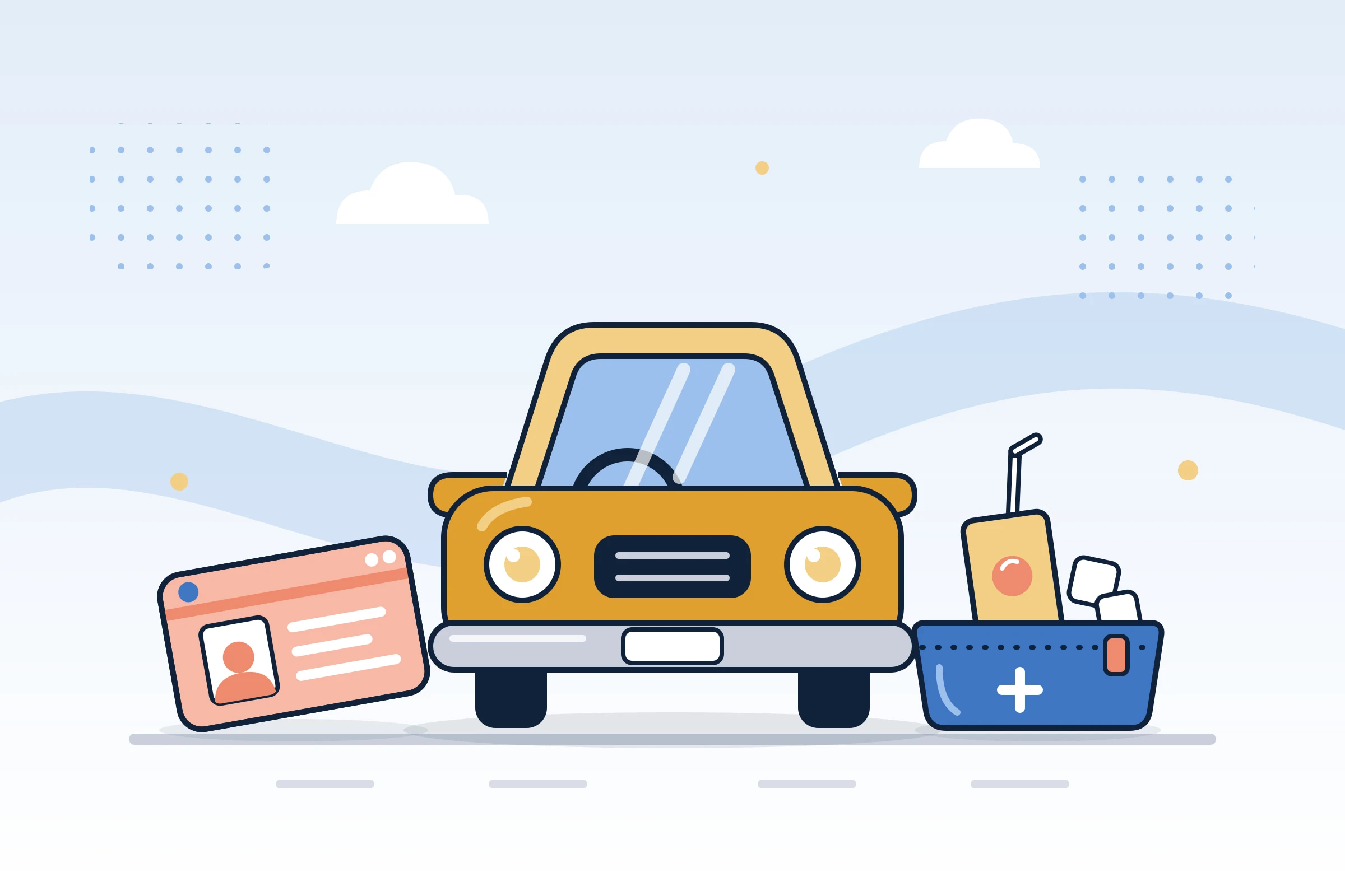 Illustration : voiture vue de face, carte de permis et trousse de resucrage