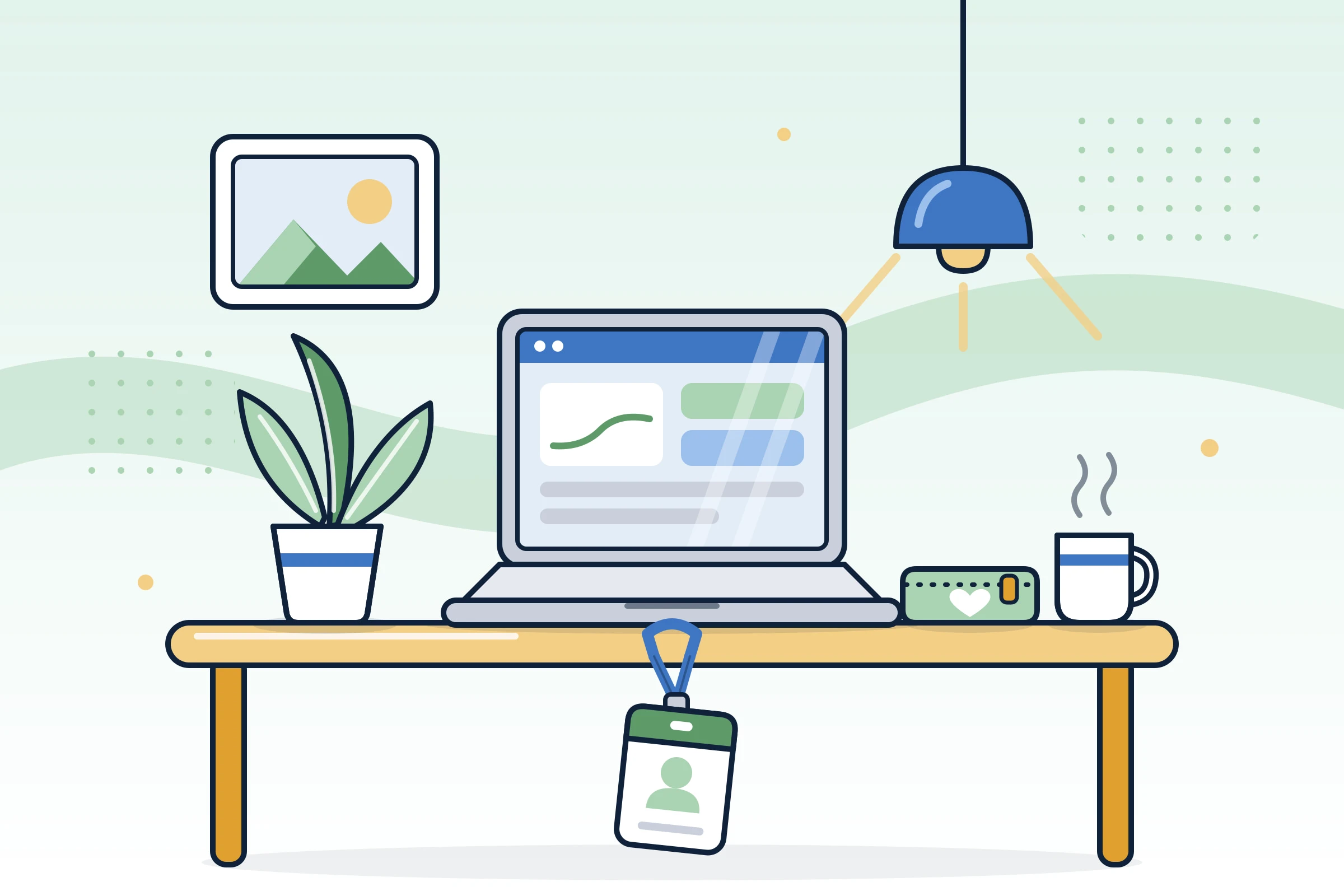 Illustration : bureau avec ordinateur, plante, badge et petite trousse de diabète