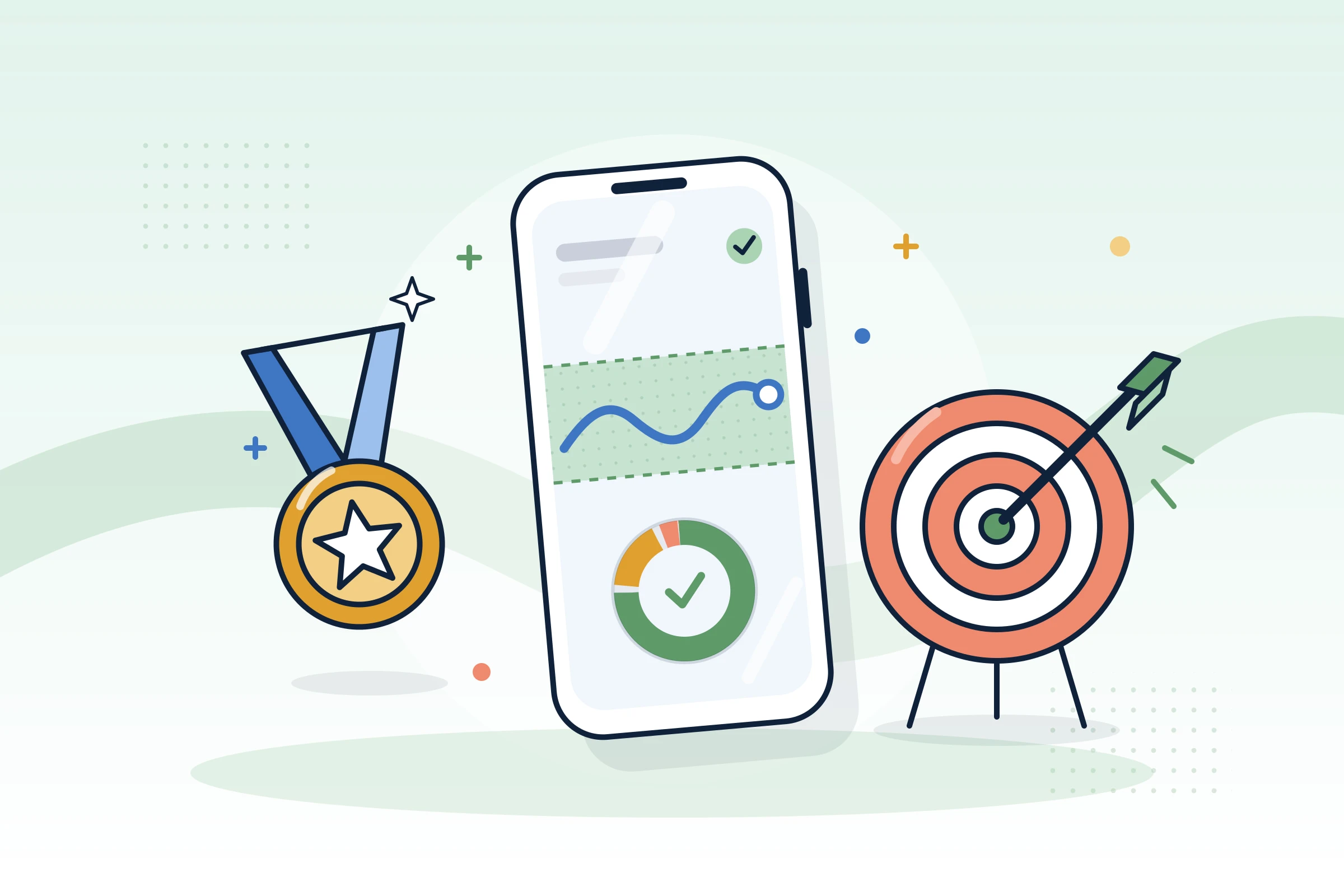 Illustration : smartphone affichant une courbe de glycémie dans la zone cible, médaille et cible