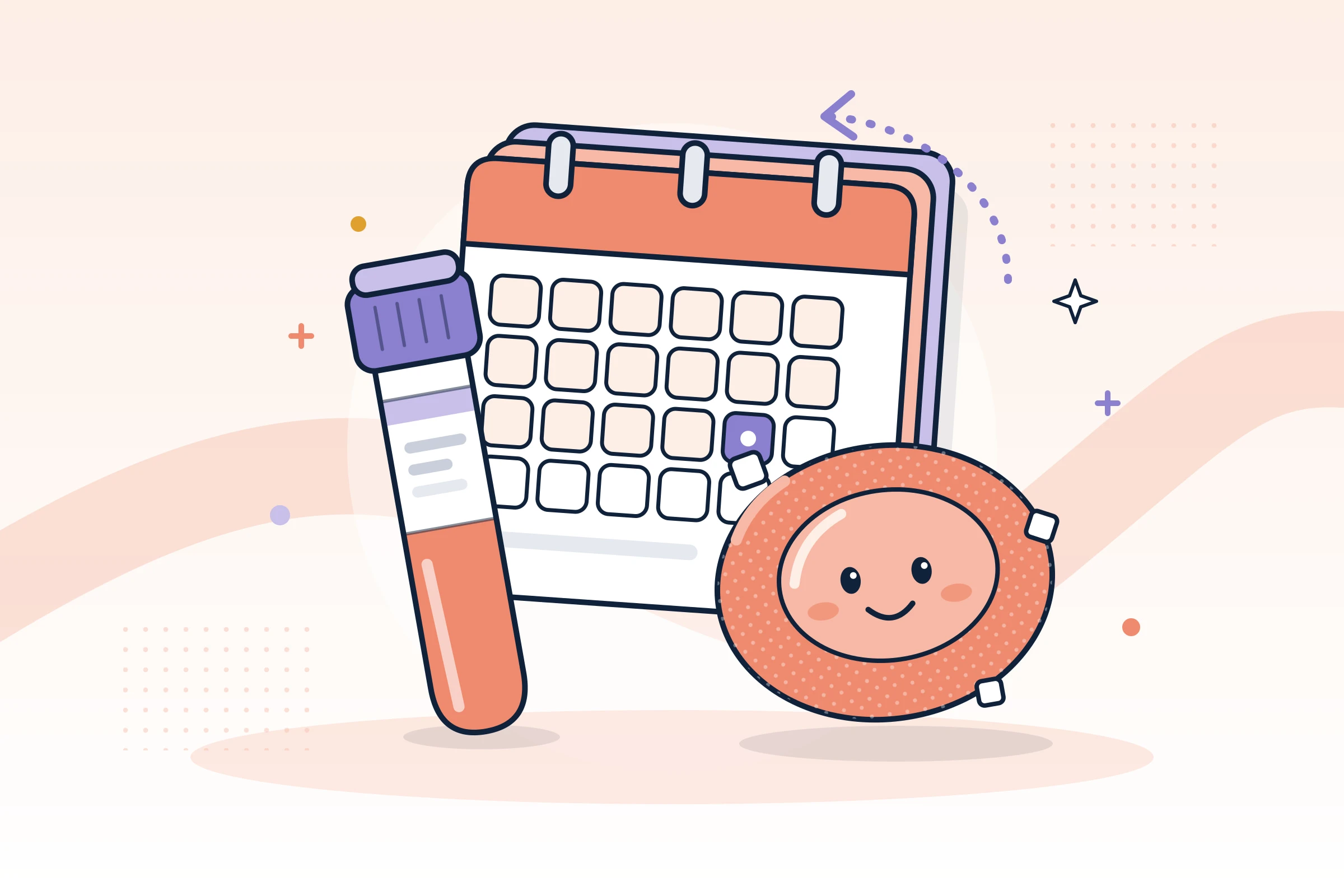 Illustration : tube de prise de sang, calendrier de trois mois et globule rouge souriant