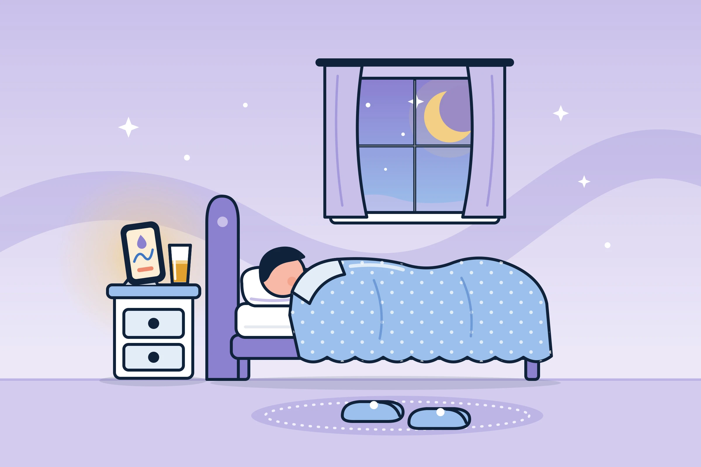 Illustration : chambre la nuit, personne endormie et smartphone allumé sur la table de nuit