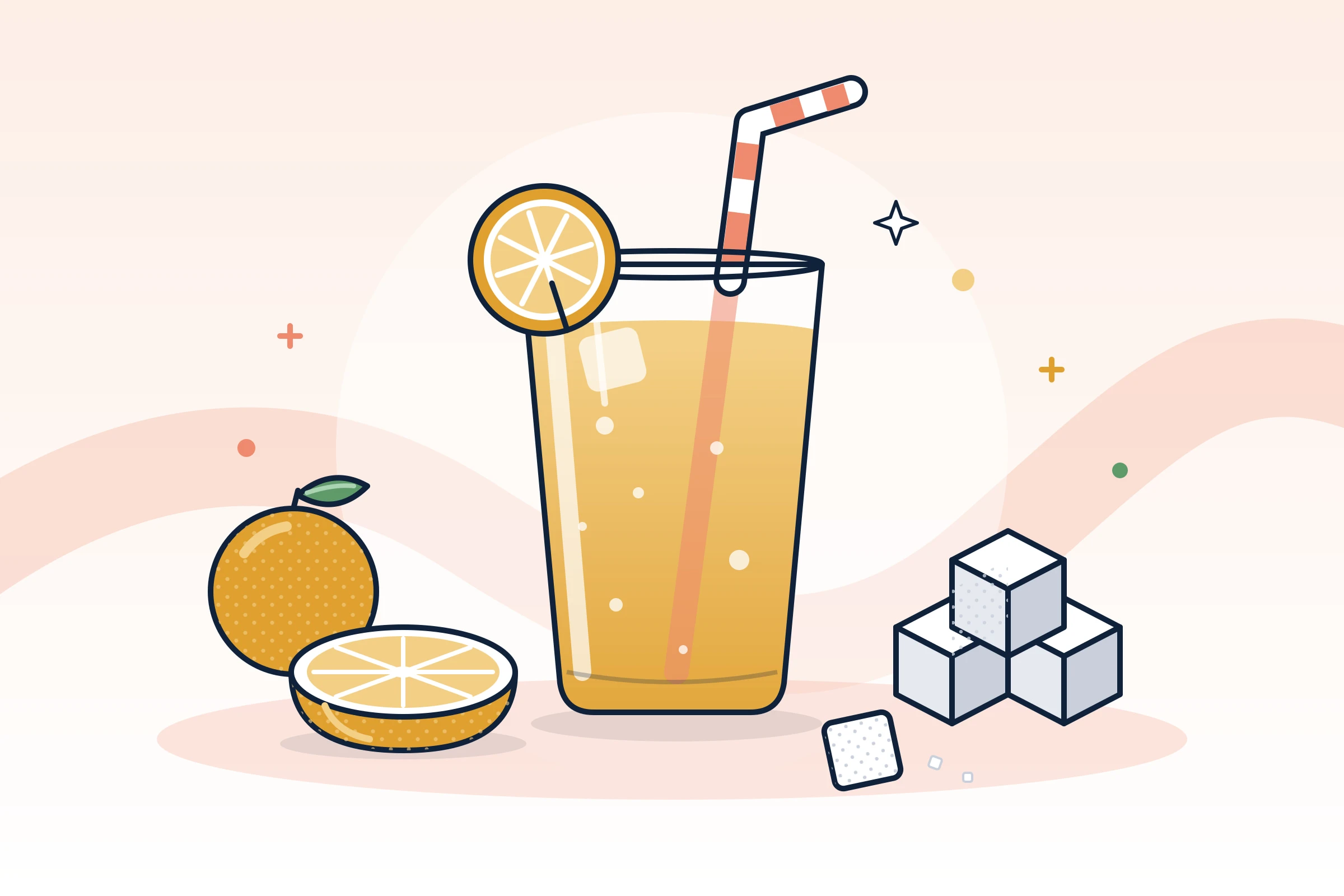 Illustration : verre de jus d’orange, oranges et morceaux de sucre