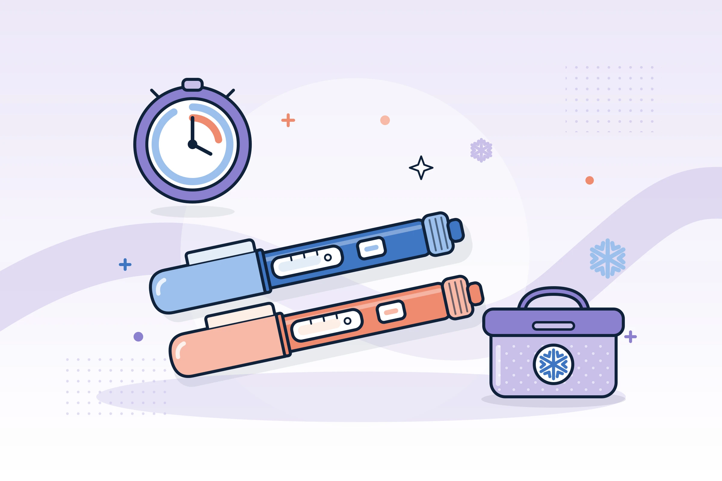 Illustration : deux stylos à insuline, horloge et boîte isotherme