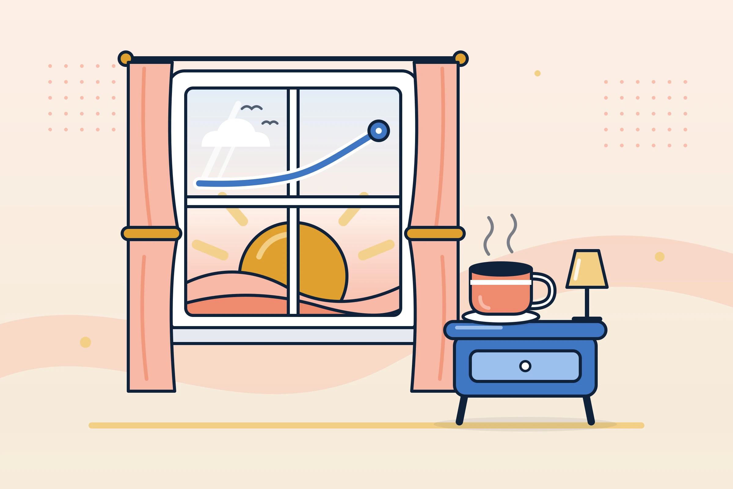 Illustration : lever de soleil par la fenêtre, courbe qui monte et café sur la table de chevet