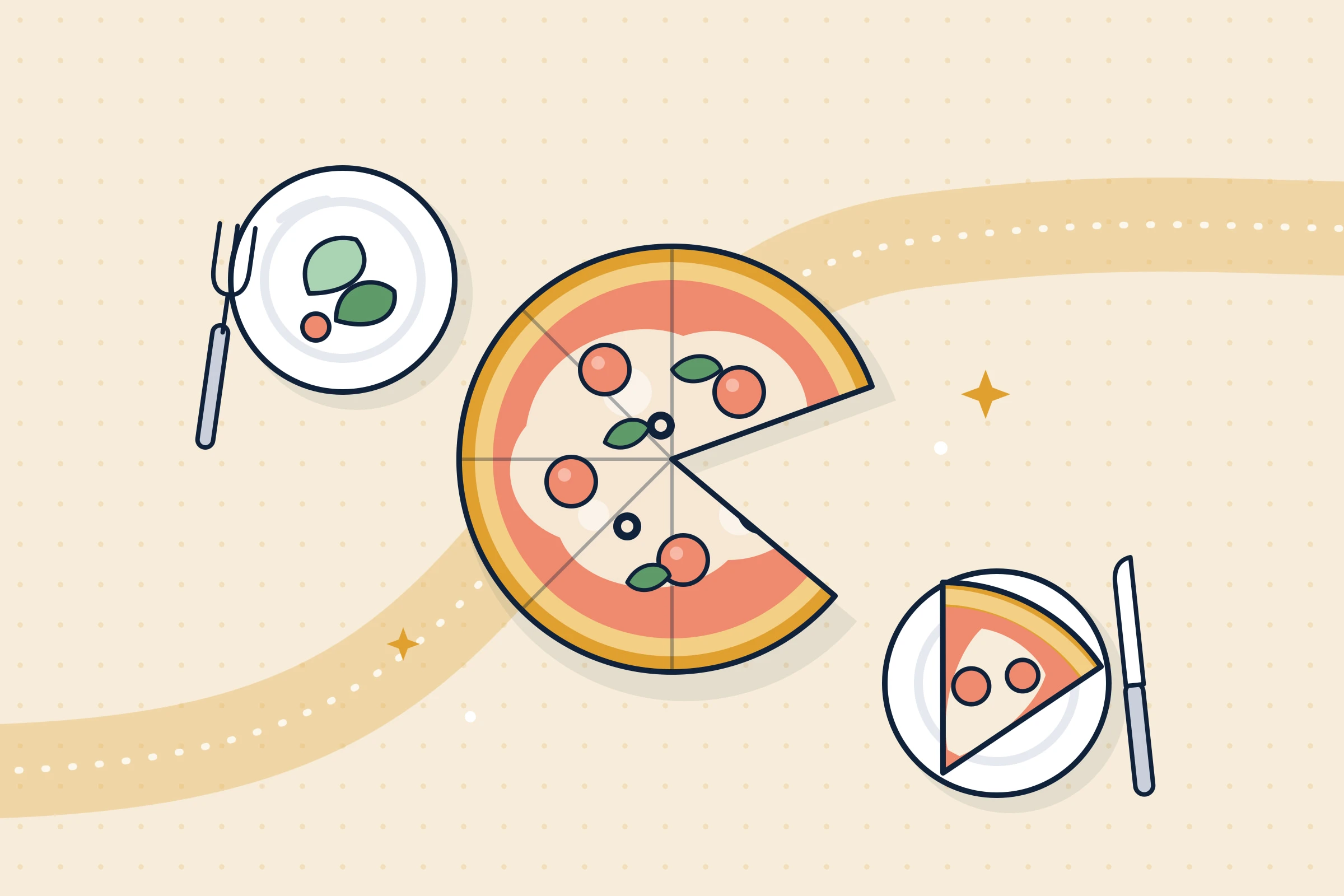 Illustration : pizza et assiettes sur une table, vue de dessus