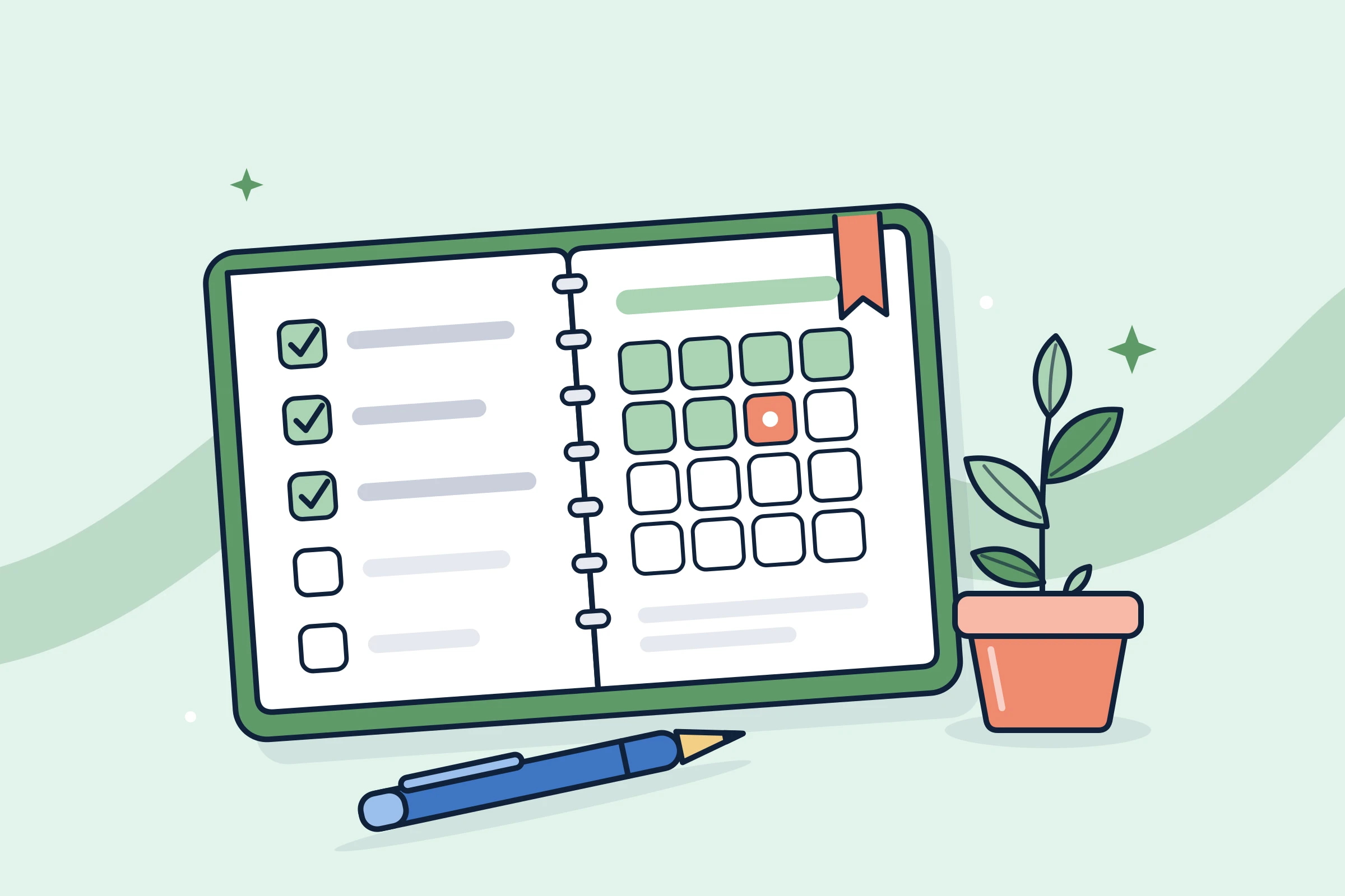 Illustration : agenda ouvert avec cases cochées et jeune plante en pot