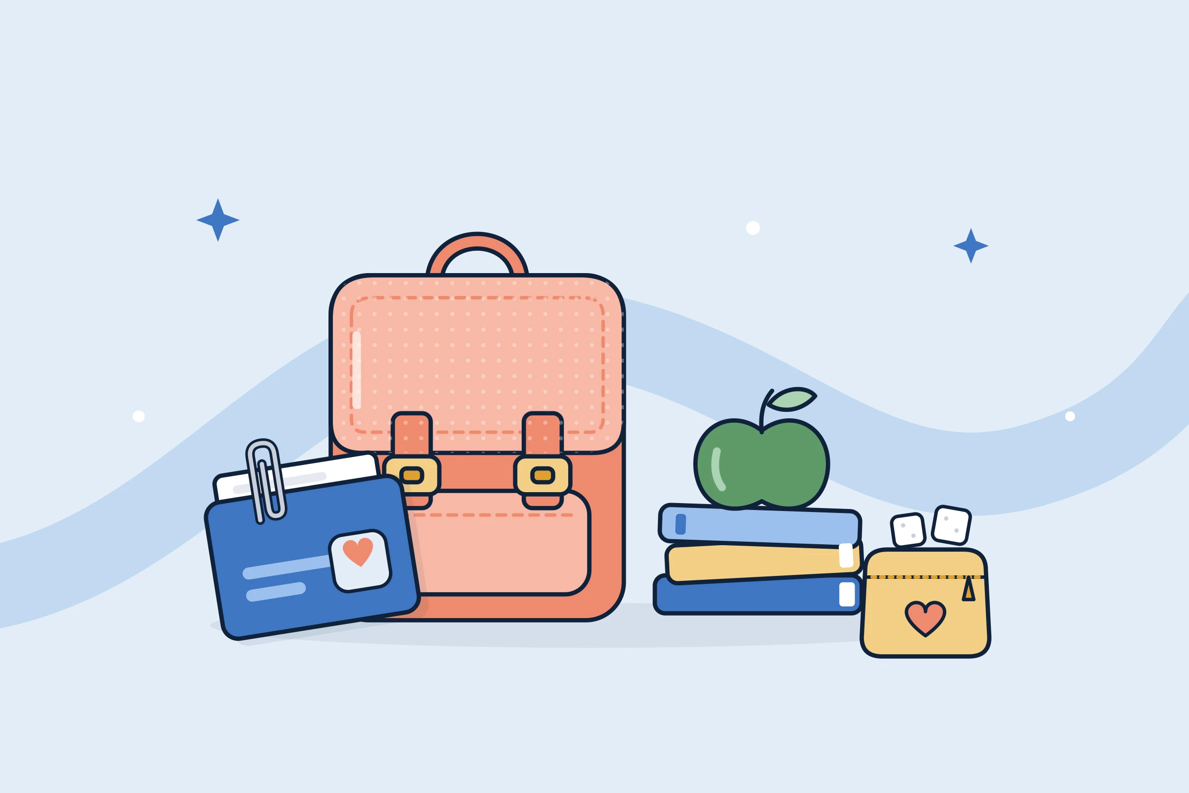 Illustration : cartable, pochette de documents, cahiers, pomme et trousse de resucrage