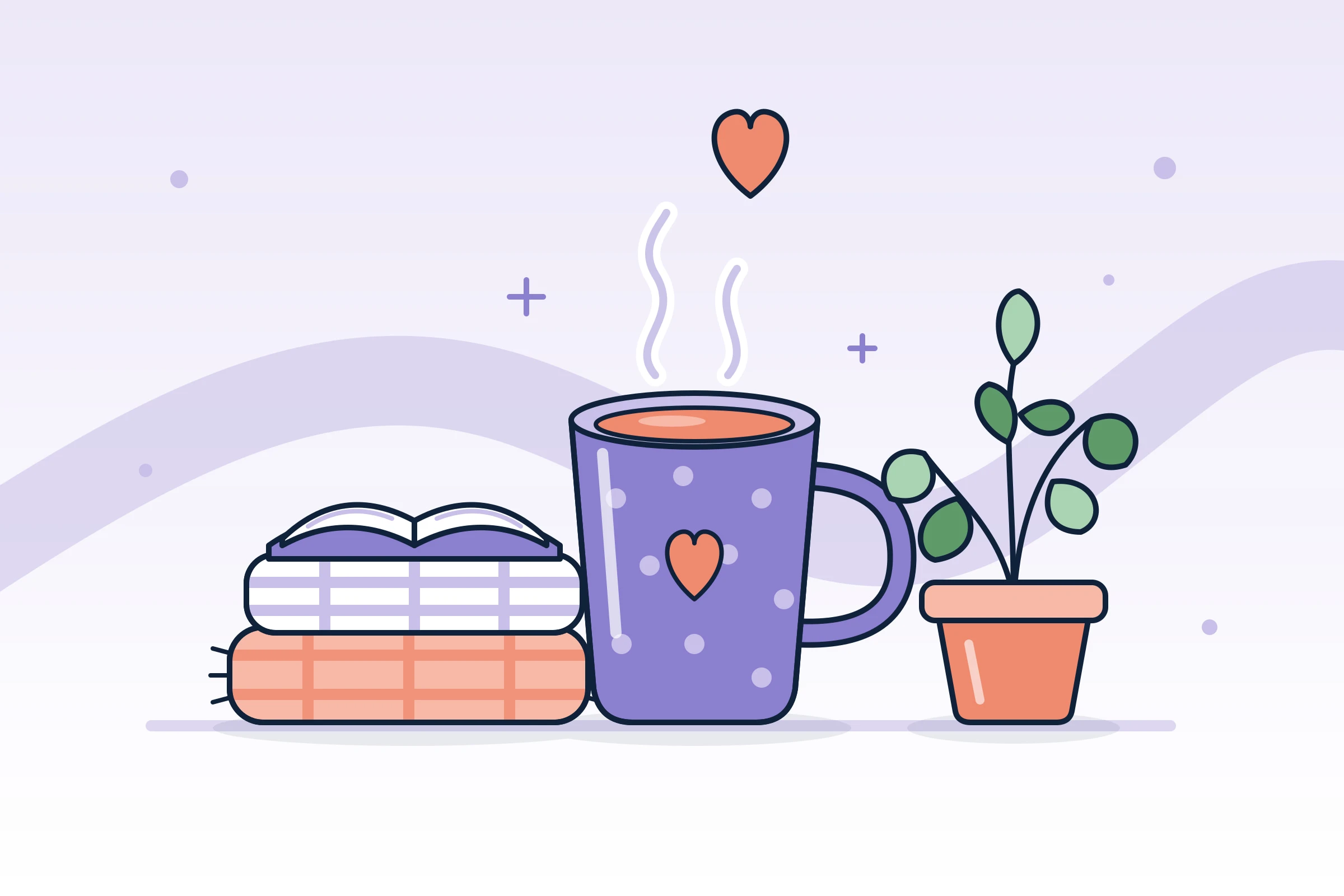 Illustration : tasse fumante, plaid, livre et plante, ambiance cocooning