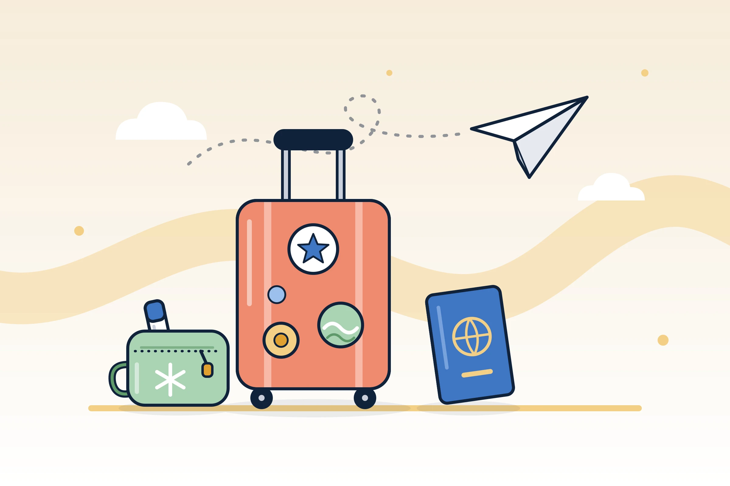 Illustration : valise, passeport, pochette isotherme pour l’insuline et avion en papier